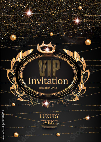 VIP Invitation card with gold strings, beads and vintage frame background. Vector illustration