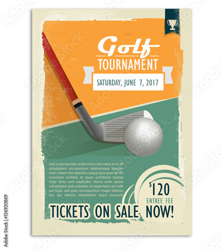 Golf tournament. Retro golf poster or flyer with a golf ball. Text and background on a separate layer, color can be changed in one click.