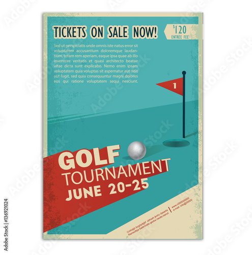 Golf tournament. Retro golf poster or flyer with a golf ball. Text and background on a separate layer, color can be changed in one click.