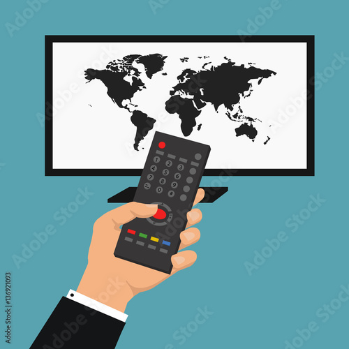 News of the world. Vector illustration with hand holding remote control.Vector smart tv concept