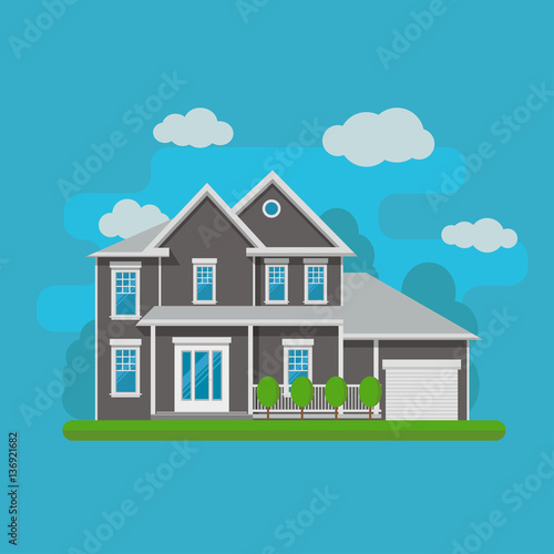 The flat picture with the image of the house with the garage and trees. Suburban american house. Country cottage. Family home. Flat design vector illustration.