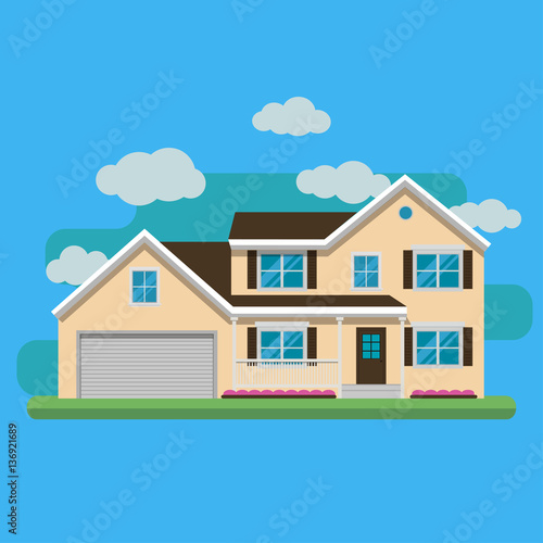 The flat picture with the image of the house with the garage and trees. Suburban american house. Country cottage. Family home. Flat design vector illustration.