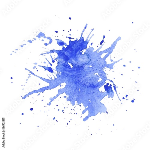 Abstract paint spots on a white background. Blue bright blots and splashes of watercolor paints. Vector illustration.