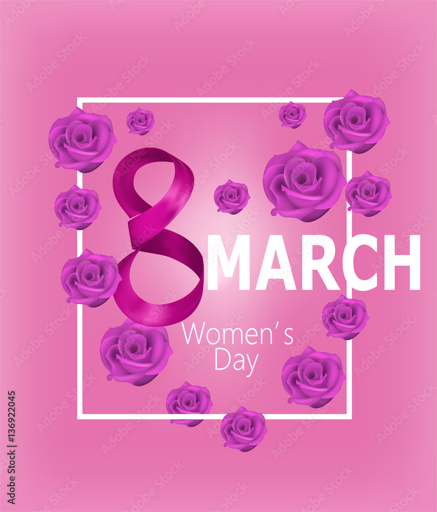 Naklejka premium Women's Day greeting card with eight shaped ribbon, roses and frame. Vector illustration