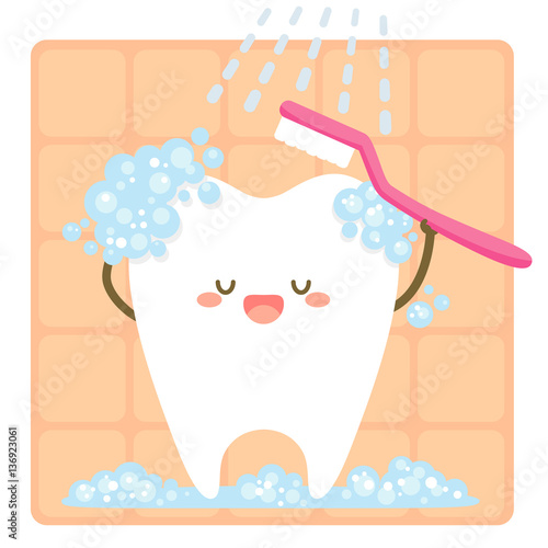 cartoon cute tooth brushing himself with a toothbrush