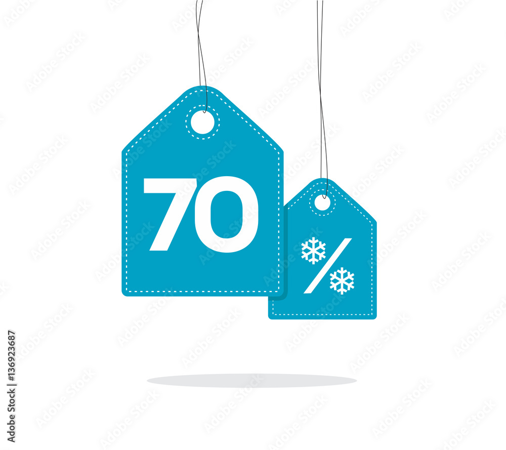 Blue hanging price tag labels with 70% and snowflake percent design texts on them and with shadow isolated on white background. For winter sale campaigns.