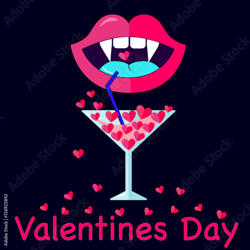 Vector flat greeting card invitation template banner day happy Valentines day. Beautiful lips drinking it with hearts. © Jul