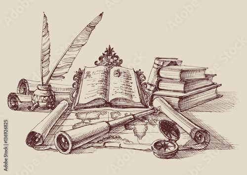 Retro travel and exploration objects. Stack of books, quill pen, map