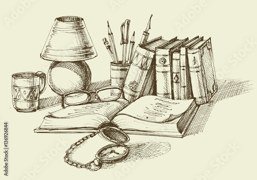 Vintage lifestyle design. Stack of books, lamp, old clock