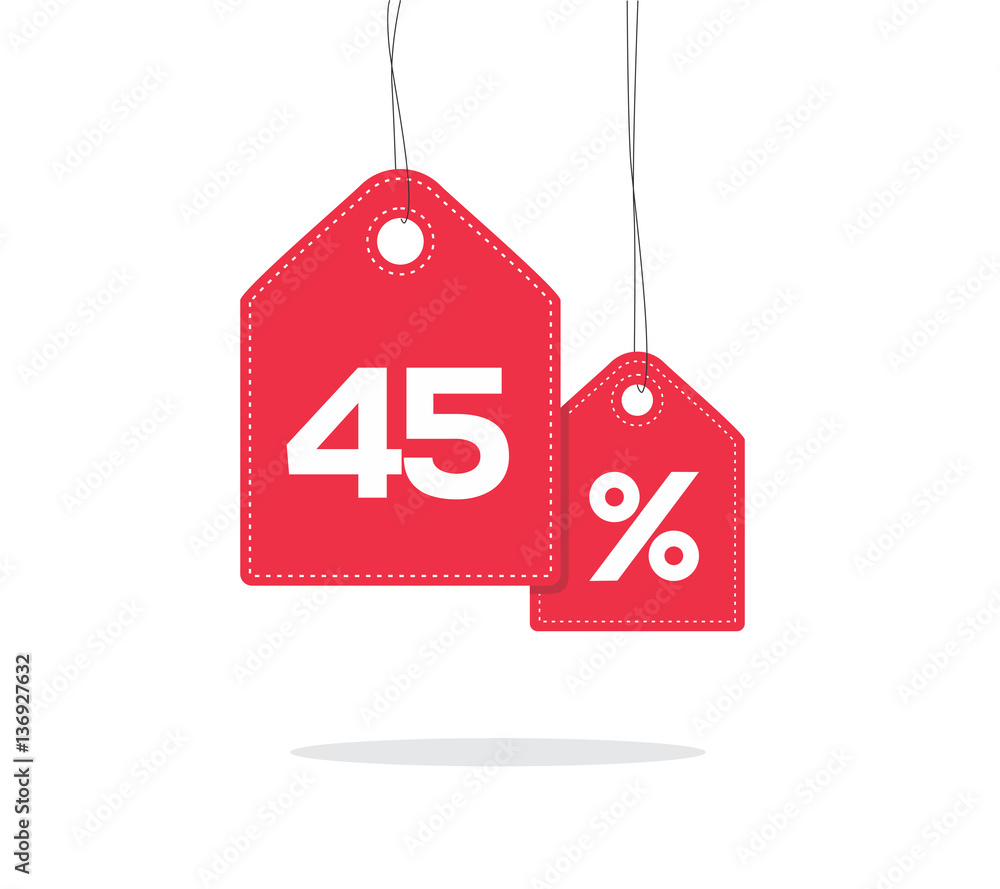 Red hanging price tag labels with 45% text on them and with shadow isolated on white background.