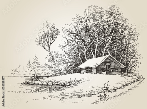 Cabin in the woods near river banks hand drawing