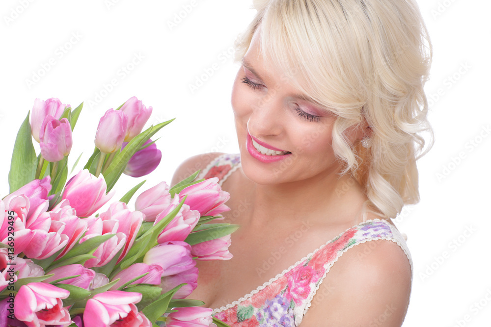 Pretty woman with tulips in spring Pretty woman with tulips in spring