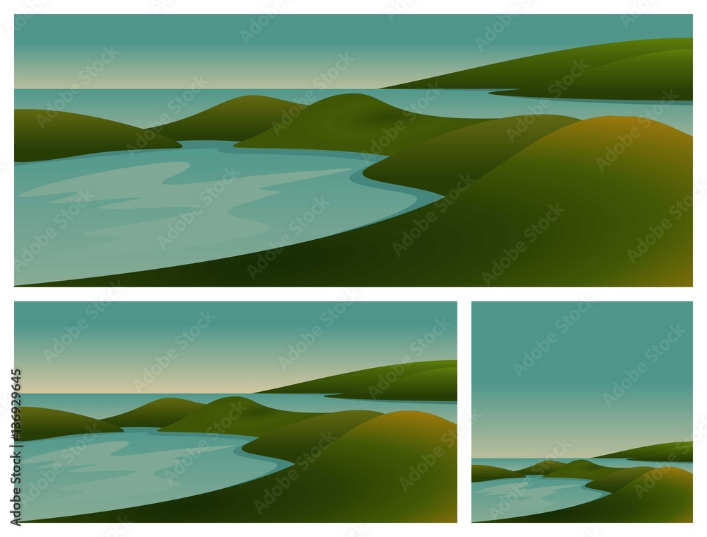 Landscape of Lake, Hills in Beach Vector Illustration