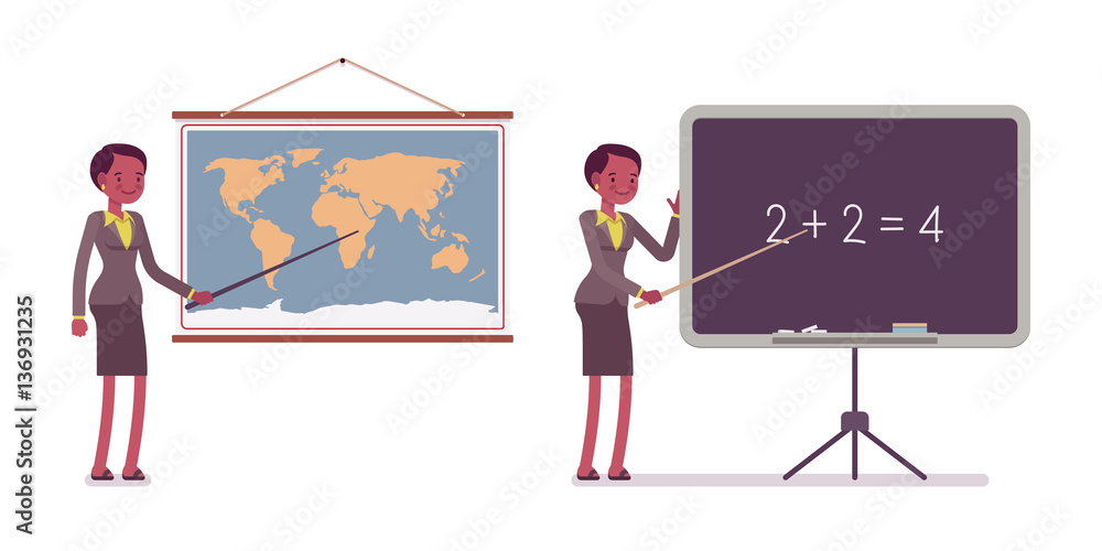 Set of female teacher near the map, blackboard Set of female teacher near the map, blackboard