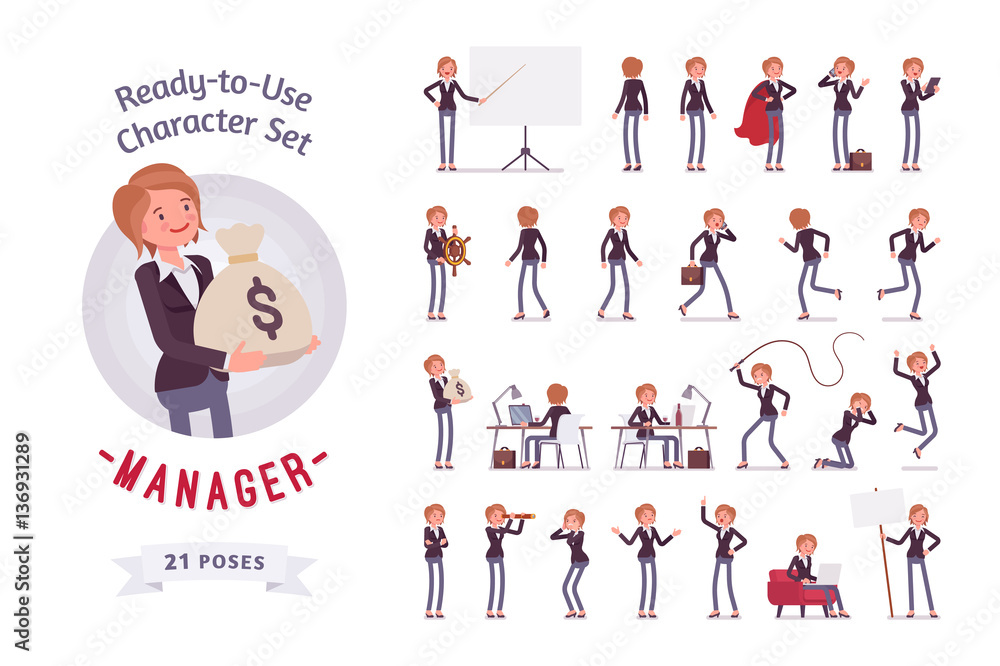Ready-to-use female manager character set, different poses and emotions Ready-to-use female manager character set, different poses and emotions