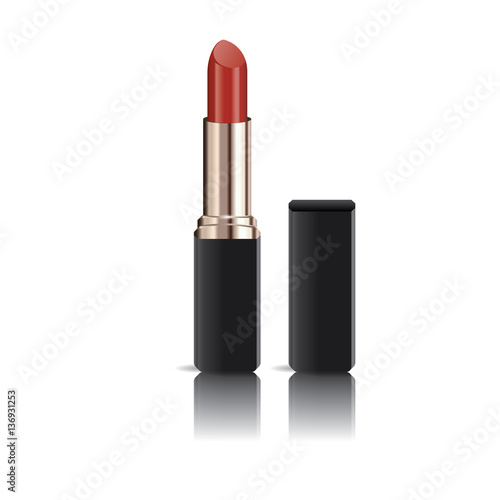 Realistic red lipstick with reflection isolated on white background, mock up, vector illustrator