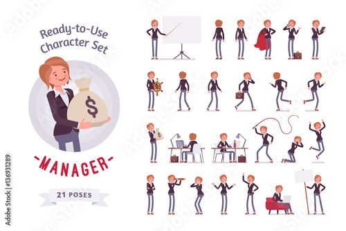 Ready-to-use female manager character set, different poses and emotions