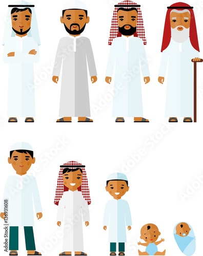 All age group of arab family. Generations muslim man and woman. Stages of islam development people - infancy, childhood, youth, maturity, old age. 
