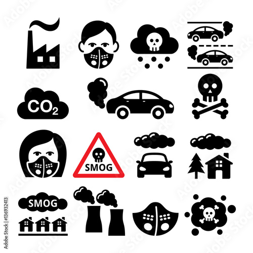 Smog, pollution icons set - ecology, environment concept 