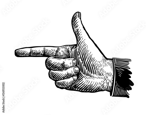 Hand, pointing finger. Sketch vector illustration