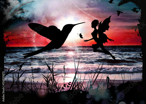Fairy and Bird in the sunset cartoon characters in the real world silhouette art photo manipulation