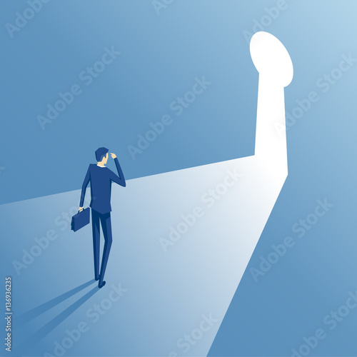 Businessman standing in front of a keyhole which has a bright light isometric illustration. Employee covers eyes from the light pouring from the keyhole. Business concept the solution to the problem