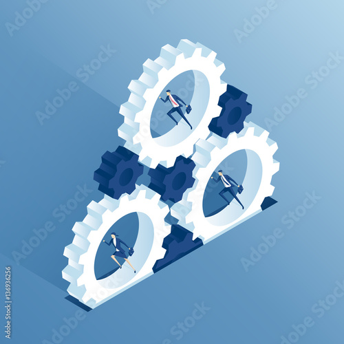 Isometric business people run inside the gears and thereby causing the mechanism to work. Businessmen running inside cogwheels, thereby rotating them. Business concept teamwork and the system
