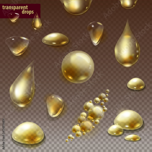 Set of transparent gold water drops and bubbles. Set of oil design elements. Vector illustration.The elements can be used to design your packaging or advertising of cosmetics, oil, juice and honey.