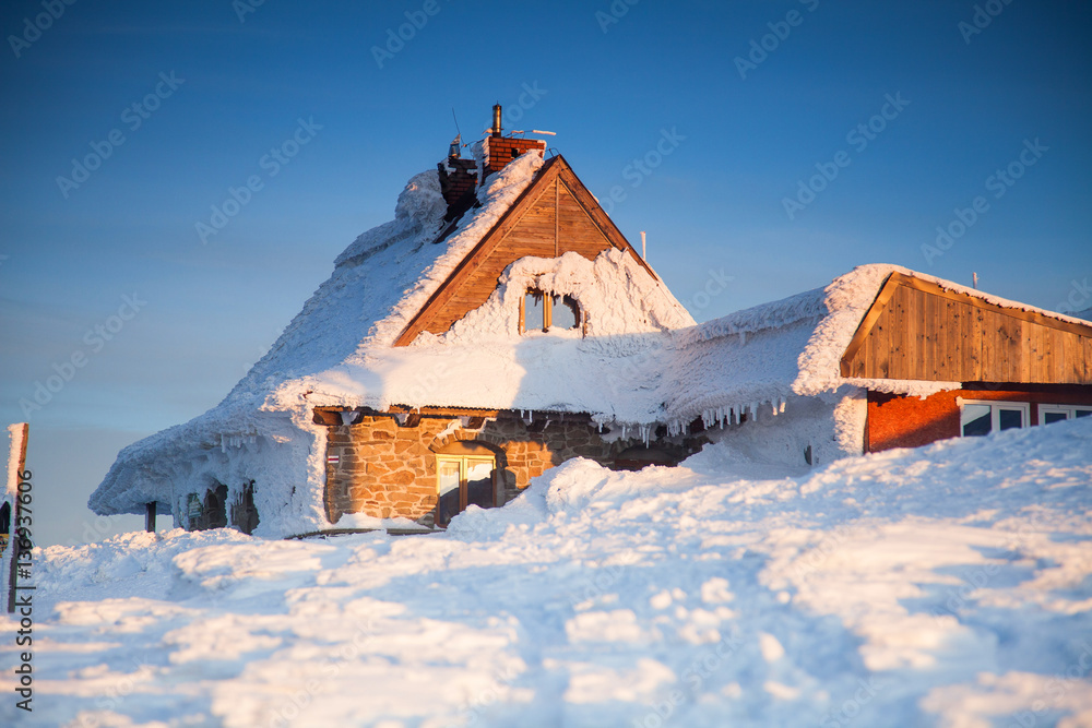 Wooden houses in snowy scenery
