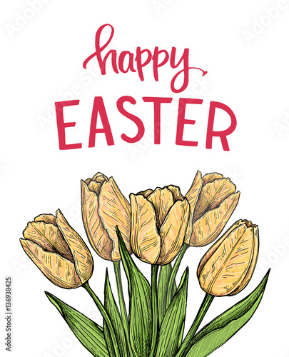 Hand drawn vector illustration. Happy Easter! Spring tulips. Per