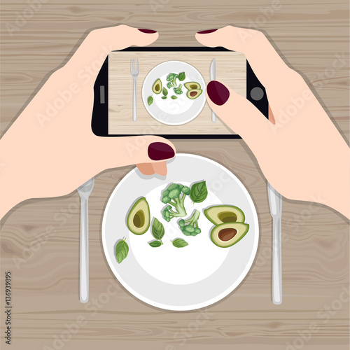 Hands holding phone taking photo of lunch on wood table. Instagram blogger. Subject photography. Freelancer. Top view. Flat vector illustration.