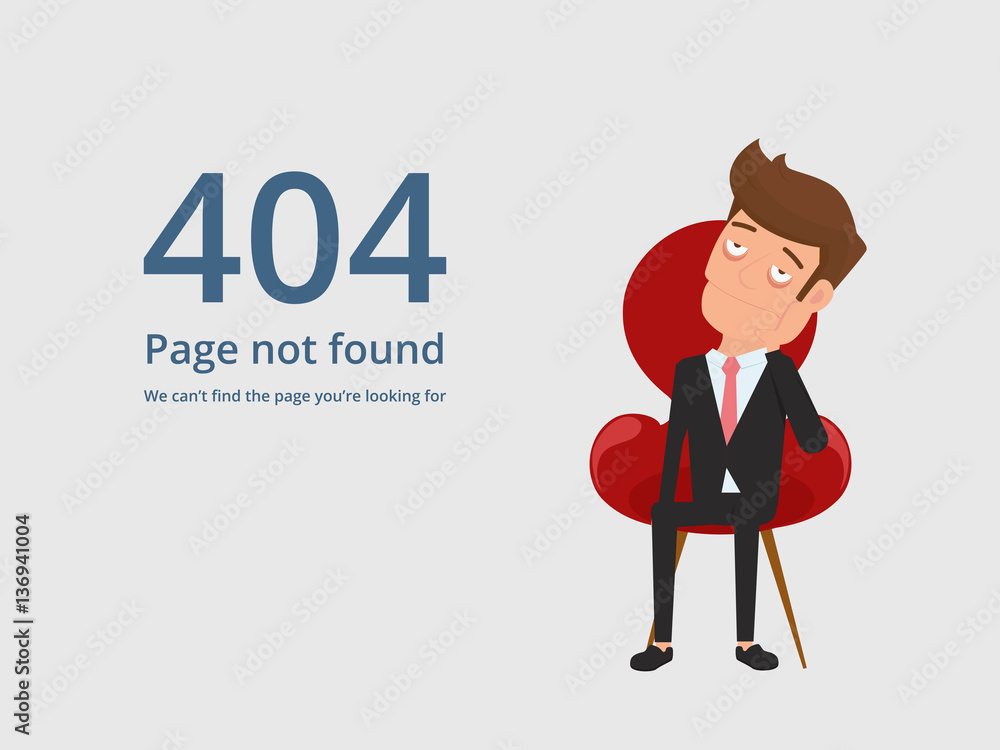 Page not found error 404. Tired bored upset businessman sitting on chair and seeing 404 error. Cartoon Vector Illustration. Page not found error 404. Tired bored upset businessman sitting on chair and seeing 404 error. Cartoon Vector Illustration.