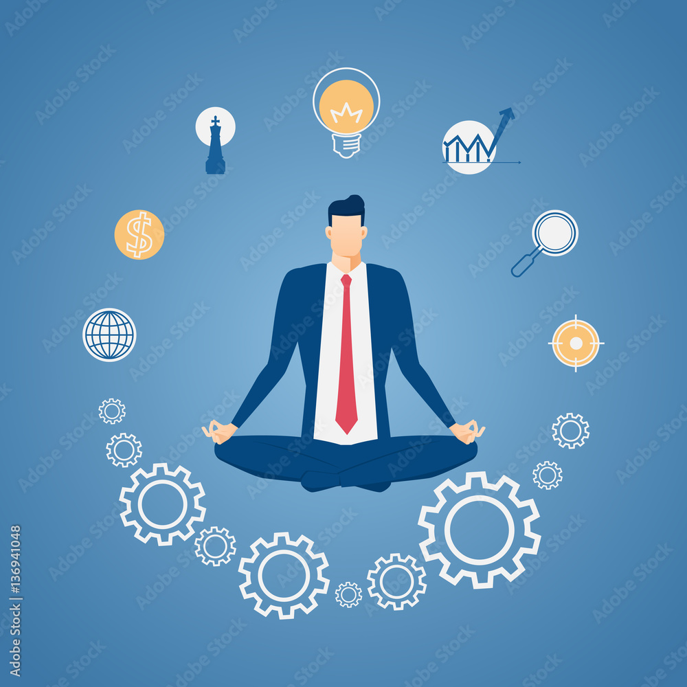 Businessman meditating in peace at the office with icons. Time management, stress  relief and problem solving concepts. Cartoon Vector Illustration. Stock  Vector | Adobe Stock