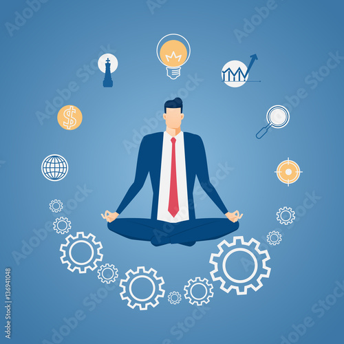 Businessman meditating in peace at the office with icons. Time management, stress relief and problem solving concepts. Cartoon Vector Illustration.