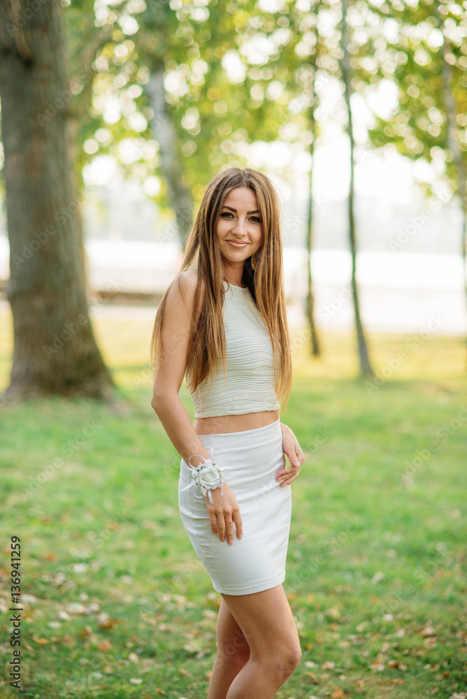 Portrait of elegance brunette girl against park at hen party. Portrait of elegance brunette girl against park at hen party.