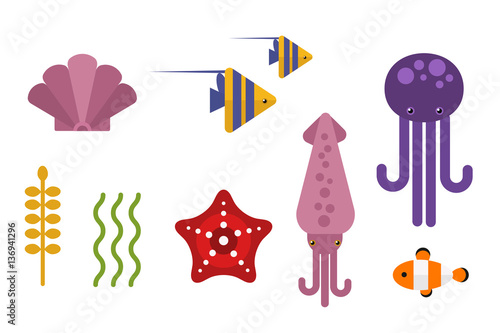 Sea animals marine life character vector illustration.