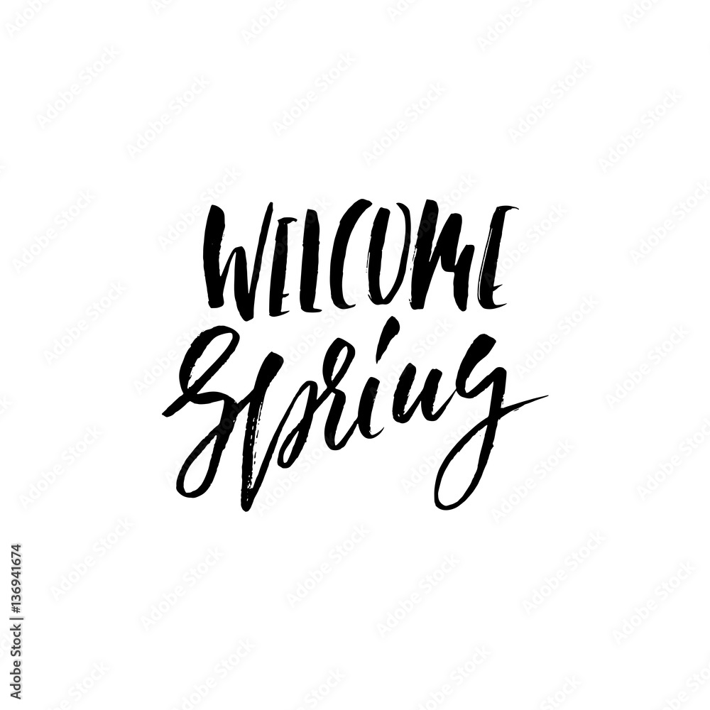 Hand lettered style spring design on a white background. Welcome Spring hand drawn calligraphy letters. Vector illustration.