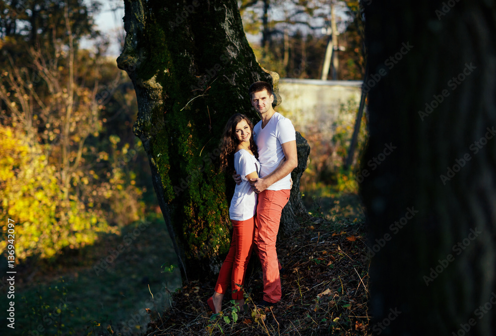 Fototapeta premium Couple in love embracing near tree