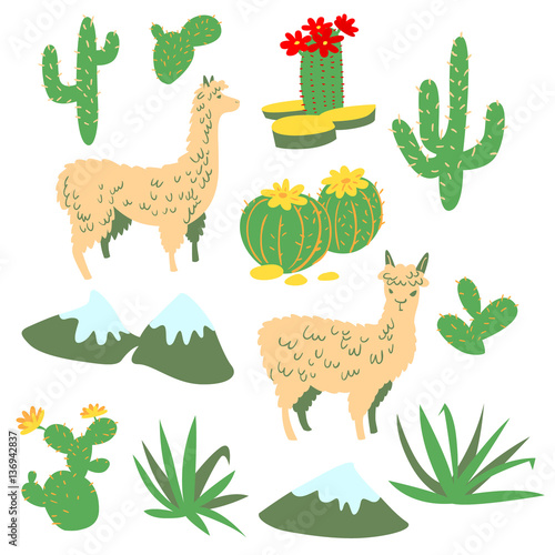 Set with alpaca and cactus. Vector collection with llama and desert plants