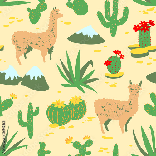 Seamless pattern with alpaca and cactus. Background with llama