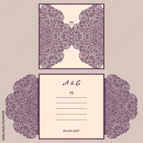 Wedding invitation or greeting card with abstract ornament. Vector envelope template for laser cutting. Paper cut card with silhouette. Cutout silhouette panel. Cutting file