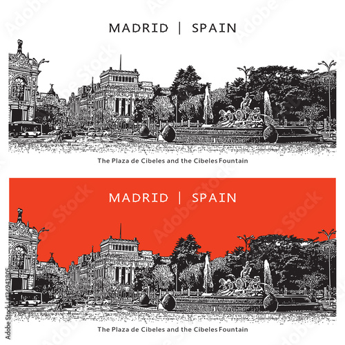Famous place of Madrid, Spain. The Plaza de Cibeles and Fountain. Vector illustration in graphic style.