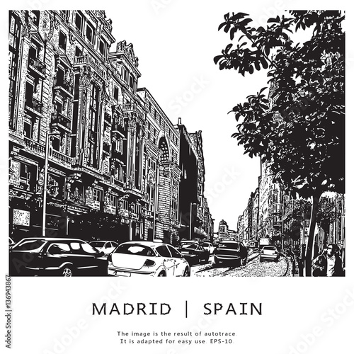 Famous street in Madrid, Spain. Monochrome vector illustration.