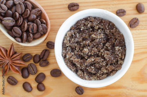 Homemade sugar, olive oil and ground coffee face and body scrub. DIY cosmetics