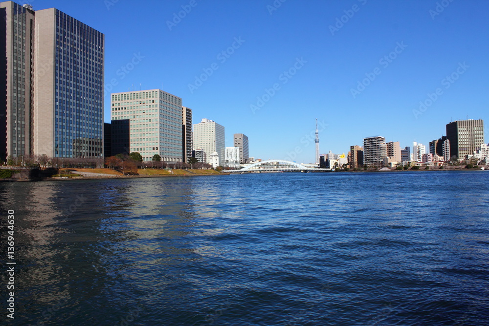 Fototapeta premium The view from Chuo Ohashi. Chuo Ohashi is a bridge over the Sumida River, located in Chuo-ku, Tokyo. Structural type Two-span continuous steel diagonal bridge Bridge length 210.7 m