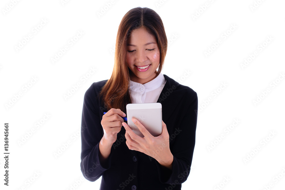 Smiling businesswoman using tablet on white background. Smiling businesswoman using tablet on white background.