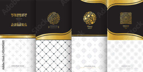 Collection of design elements, labels,icon and frames for packaging and design of luxury products.Made with golden foil Isolated on black background. vector illustration
