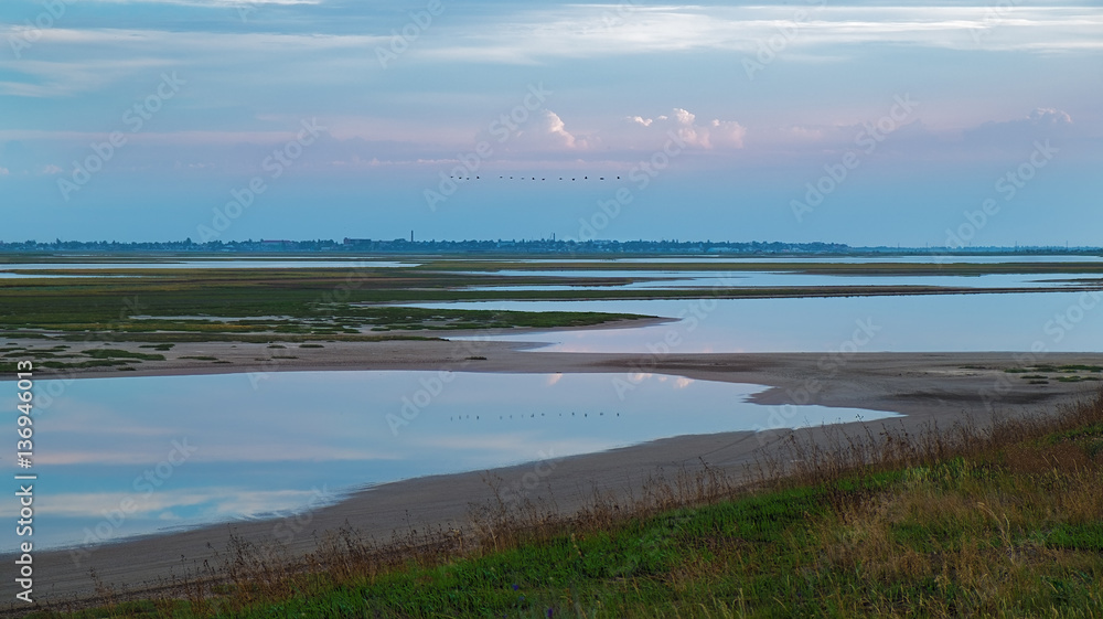 Landscape of several small lowland lakes with a flock of birds in the sky against the backdrop of a small town on the horizon. Early morning. Ukraine.