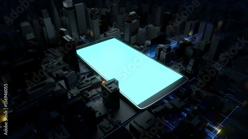 3d rendered technology background. Giant cellphone is in the center of city. Mobile phone generating a lot of energy waves. Interrelation of digital and modern life concept.