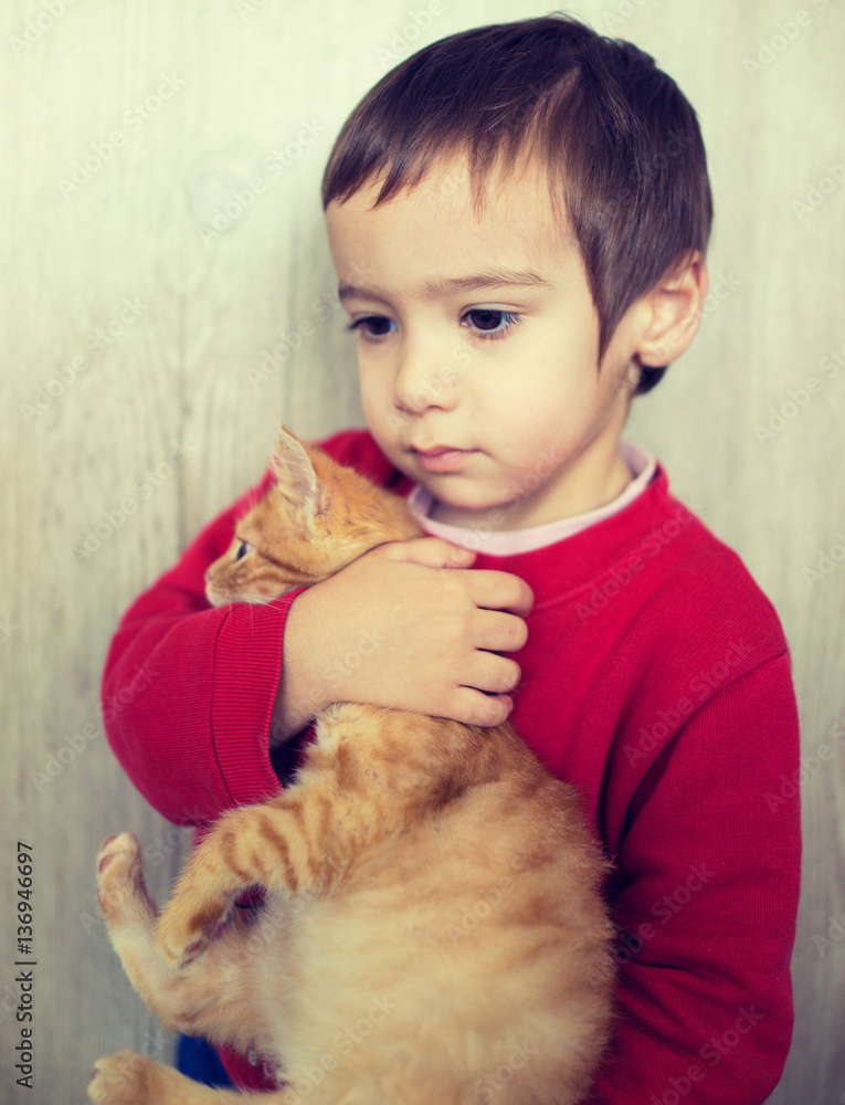 Happy little kid holding yellow kitty cat Happy little kid holding yellow kitty cat